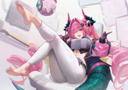  +_- absurdres arknights arknights:_endfield ass barefoot black_gloves black_horns black_tail breasts commentary commission cone_hair_bun diamond_in_eye english_commentary feet female gloves hair_bun hair_intakes hair_on_horn highres horns index_finger_raised large_breasts large_tail legs long_hair long_sleeves looking_at_viewer midriff multicolored_horns navel one_eye_closed open_mouth pants pink_gloves pink_horns puffy_long_sleeves puffy_sleeves purple_eyes see-through_clothes see-through_sleeves smile solo sparkling_eyes tail toes two-tone_gloves two-tone_horns uof very_long_hair white_pants yvonne_(arknights) 