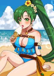  artist_name beach bikini blue_bikini breasts cleavage cloud cloudy_sky e_m_a earrings female fire_emblem fire_emblem:_the_blazing_blade fire_emblem_heroes flower food green_eyes green_hair hair_flower hair_ornament high_ponytail highres ice_cream ice_cream_cone jewelry large_breasts licking long_hair looking_at_viewer lyn_(brave_lady)_(fire_emblem) lyn_(fire_emblem) ocean official_alternate_costume open_mouth ponytail sky solo swimsuit tongue tongue_out very_long_hair 