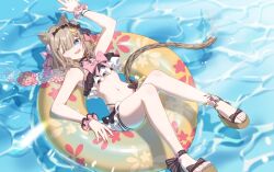  absurdres animal_ear_fluff animal_ears arm_up bare_legs bare_shoulders bikini black_bikini blue_eyes bow bowtie cat_ears cat_girl cat_tail commentary_request female from_above hair_ornament highres honkai_(series) honkai_impact_3rd innertube legs looking_at_viewer luyue navel official_alternate_costume one_eye_closed open_mouth pardofelis pardofelis_(midsummer_collector) pink_bow pink_bowtie sandals smile solo stomach swim_ring swimsuit tail thighs toes 
