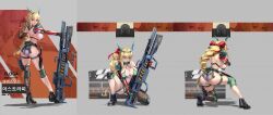  :d absurdres aiming ankle_boots arm_warmers artist_name ass behind_cover bikini black_arm_warmers black_boots black_thighhighs blonde_hair boots bow braid breasts clapperboard cleavage commentary_request female from_behind full_body gameplay_mechanics gloves goddess_of_victory:_nikke green_bikini green_eyes green_shorts grin gun hair_between_eyes hair_intakes hairbow highres holding holding_gun holding_weapon holster holstered horns knee_pads knife korean_commentary large_breasts long_hair looking_at_viewer mechanical_arms meme navel nayamer nikke&#039;s_shooting_pose_(meme) on_one_knee open_mouth original pelvic_curtain railgun red_bow red_gloves shadow sheath sheathed shooting_range short_shorts shorts sideboob sidelocks single_arm_warmer single_bare_shoulder single_mechanical_arm single_thighhigh skindentation smile solo standing stomach swimsuit target target_practice teeth thigh_holster thigh_strap thighhighs torn_bikini torn_clothes torn_thighhighs upper_body very_long_hair weapon zoom_layer 