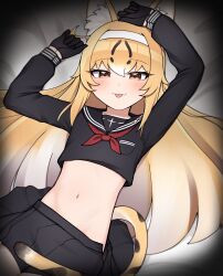  :p absurdres animal_ear_fluff animal_ears arms_up black_gloves blonde_hair blue_sailor_collar blue_serafuku blue_skirt blush brown_eyes cat_ears cat_girl cat_tail crop_top female from_above gloves groin hair_tattoo hairband highres kenken_(keuken) long_hair long_sleeves looking_at_viewer lying multicolored_tail navel neckerchief on_back orange_tail original pleated_skirt sailor_collar school_uniform serafuku serika_(kenken) side_ahoge skirt solo spotted_tail tail tongue tongue_out white_hairband 
