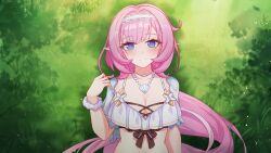  absurdres bikini blue_eyes breasts cleavage closed_mouth elf elysia_(honkai_impact) elysia_(miss_pink_elf)_(honkai_impact) elysia_(summer_miss_elf)_(honkai_impact) female hairband henjiwumei highres honkai_(series) honkai_impact_3rd jewelry large_breasts long_hair lying necklace official_alternate_costume on_back on_grass pearl_necklace pink_hair pointy_ears shell shell_necklace smile solo stomach swimsuit upper_body white_bikini white_hairband 