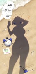  analog_clock beach bikini black_bow black_hat blue_bikini bow clock dressed_shadow_(meme) english_text female halo hat highres holding holding_phone hololive hololive_english kronie_(ouro_kronii) meme mini_hat mini_top_hat motion_lines myth1carts ouro_kronii outdoors phone sand shadow shell speech_bubble starfish swimsuit thigh_gap top_hat twitter_strip_game unworn_bikini unworn_bow 