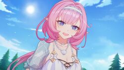  absurdres bikini blue_eyes blue_sky breasts cleavage cloud collarbone elf elysia_(honkai_impact) elysia_(miss_pink_elf)_(honkai_impact) elysia_(summer_miss_elf)_(honkai_impact) female hairband henjiwumei highres honkai_(series) honkai_impact_3rd jewelry large_breasts long_hair looking_at_viewer necklace official_alternate_costume open_mouth pearl_necklace pink_hair pointy_ears see-through_clothes see-through_sleeves shell shell_necklace sky solo sun swimsuit teeth tree upper_body upper_teeth_only white_bikini white_hairband 