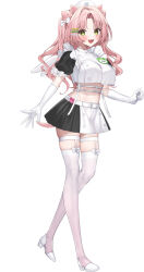  :d animal_ears belt black_skirt blush bow buttons cat_ears cat_girl clenched_hand commentary_request cone_hair_bun crop_top crop_top_overhang double-breasted double_bun elbow_gloves female forehead full_body gloves green_eyes haiba_09 hair_bun hair_intakes hair_ornament hairbow hairclip happy hat heart_belt highres long_hair looking_at_viewer midriff miniskirt nurse nurse_cap open_mouth original paid_reward_available parallel_hairclips parted_bangs pink_hair puffy_short_sleeves puffy_sleeves short_sleeves simple_background skindentation skirt sleeve_bow smile solo standing thigh_strap thighhighs two-tone_skirt wavy_hair white_background white_belt white_bow white_gloves white_skirt white_thighhighs zettai_ryouiki 