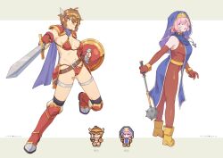  2girls absurdres armor armored_boots bandaid bandaid_on_face bandaid_on_leg bandaid_on_nose belt bikini bikini_armor black_socks blue_coif blue_scarf blue_tabard blush bodysuit boots breasts brown_belt brown_bodysuit brown_boots brown_eyes brown_gloves brown_hair circlet closed_mouth commentary cosplay cross cross_necklace dragon_quest dragon_quest_iii elbow_gloves fingerless_gloves fukana_miyu_(kokuya28) full_body gloves groin hair_ornament highres holding holding_mace holding_shield holding_sword holding_weapon jewelry kneehighs kokuya_(kokuya28) large_breasts looking_at_viewer mace medium_breasts multiple_girls navel necklace open_mouth original pauldrons pink_eyes pink_hair pixel_art pointy_ears priest_(dq3) priest_(dq3)_(cosplay) red_armor red_bikini red_gloves scarf shield short_hair shoulder_armor simple_background sleeveless sleeveless_bodysuit smile socks spiked_mace spikes swimsuit sword symbol-only_commentary tabard thigh_strap two-tone_background warrior_(dq3) warrior_(dq3)_(cosplay) weapon white_background x_hair_ornament 