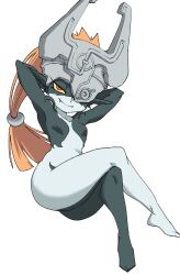  breasts colored_sclera colored_skin crossed_legs female helmet highres imp long_hair midna multicolored_skin nasu_(ilo_a5) oerba_yun_fang one_eye_covered orange_hair pointy_ears red_eyes shortstack smile solo the_legend_of_zelda the_legend_of_zelda:_twilight_princess thick_thighs thighs two-tone_skin yellow_sclera 