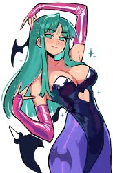  absurdres animal_print aqua_hair bat_print bat_wings black_leotard breasts cleavage clothing_cutout collarbone commentary darkstalkers elbow_gloves english_commentary female fingerless_gloves gloves head_wings heart_cutout highleg highleg_leotard highres kaatokun leotard light_smile long_hair looking_at_viewer morrigan_aensland nail_polish pantyhose pink_gloves pink_nails print_pantyhose purple_pantyhose sidelocks simple_background solo standing white_background wings 