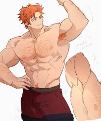  1boy abs absurdres arm_hair arm_up armpit_hair armpits bare_shoulders biceps chest_hair closed_mouth commentary cowboy_shot english_commentary english_text fire_emblem fire_emblem:_three_houses groin hairy hand_on_own_hip highres inset large_pectorals looking_at_self male_focus nipples orange_hair pants pectorals red_pants satodee smile solo sparkle sylvain_jose_gautier topless_male white_background 