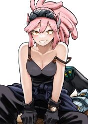  absurdres bare_shoulders black_gloves blush boku_no_hero_academia breasts cleavage crosshair_pupils female gloves goggles goggles_on_head grin hatsume_mei highres hiro_illust11 large_breasts long_hair looking_at_viewer open_mouth pink_hair sitting smile solo symbol-shaped_pupils tank_top teeth yellow_eyes 