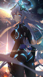  black_bodysuit blue_eyes bodysuit breasts closed_mouth cowboy_shot female from_behind hair_between_eyes headgear highres light_smile long_hair looking_at_viewer looking_back medium_breasts neptune_(series) next_purple power_symbol power_symbol-shaped_pupils purple_hair sculp2 shin_jigen_game_neptune_vii solo symbol-shaped_pupils very_long_hair 