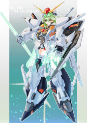  absurdres ag_00000 armor armored_boots beam_saber black_leotard boots breasts character_name covered_navel double-blade female full_body green_eyes green_hair grin gundam gundam_hathaway&#039;s_flash hair_between_eyes headgear highres holding holding_sword holding_weapon humanization large_breasts leotard light_blush long_hair looking_at_viewer mecha_musume outside_border pillarboxed smile solo sword v-fin weapon xi_gundam 