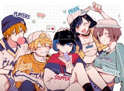  2boys 3girls ;d adjusting_clothes adjusting_headwear arm_up backwards_hat baseball_cap beanie belt black_choker black_hat black_socks blonde_hair blue_hair blue_hat blue_jacket blue_shirt blue_shorts brown_eyes brown_hair buttons chewing_gum choker closed_mouth clothes_writing collared_shirt commentary crop_top cropped_jacket dark_blue_hair ear_piercing earrings food friends ganada_404 green_eyes grid_background group_picture hair_between_eyes hair_ornament hairclip hand_on_another&#039;s_head hand_on_own_knee hashtag-only_commentary hat heart highres holding holding_food holding_popsicle hood hood_down jacket jewelry kiritani_haruka letterman_jacket long_sleeves looking_at_viewer meiko_(vocaloid) midriff multicolored_hair multiple_boys multiple_girls necklace one_eye_closed open_clothes open_collar open_jacket open_mouth orange_eyes orange_hair orange_shirt piercing popsicle project_sekai red_belt red_hood shinonome_akito shiraishi_an shirt short_hair shorts skateboard smile socks star_(symbol) streaked_hair streetwear striped_clothes striped_headwear tenma_tsukasa unbuttoned upper_body white_background white_hat white_shirt white_sleeves 