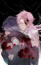  2boys absurdres black_hair black_jacket blood blood_in_hair blood_on_face blood_splatter chinese_commentary closed_eyes closed_mouth commentary_request flower hand_on_another&#039;s_shoulder hand_on_another&#039;s_wrist hatsutori_hajime highres hood hood_down hooded_jacket jacket long_hair male_focus multiple_boys pink_hair saibou_shinkyoku shirt short_hair smile utsugi_noriyuki white_flower white_shirt winsud 