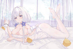  absurdres azur_lane babydoll bare_shoulders bottle breasts commentary_request curtains feet feet_up female hair_intakes highres holding holding_bottle illustrious_(azur_lane) indoors large_breasts legs lieend long_hair looking_at_viewer lying manjuu_(azur_lane) milk_bottle no_shoes on_bed on_stomach pantyhose purple_eyes smile soles solo strapless the_pose toes transparent_curtains twintails white_babydoll white_hair white_pantyhose window 