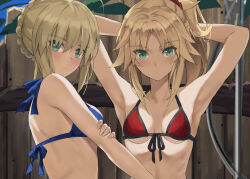  2girls armpits artoria_pendragon_(fate) bare_shoulders bikini bikini_top_only blonde_hair blue_bikini braid breasts closed_mouth crown_braid fate/apocrypha fate/grand_order fate/stay_night fate_(series) green_eyes highres looking_at_viewer medium_hair mordred_(fate) mordred_(swimsuit_rider)_(fate) mordred_(swimsuit_rider)_(first_ascension)_(fate) multiple_girls official_alternate_costume ponytail red_bikini saber_(fate) short_hair small_breasts stomach swimsuit tonee upper_body 