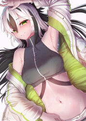  armpits bare_shoulders black_hair black_skirt blush breasts crop_top cropped_shirt fate/grand_order fate_(series) female green_eyes green_jacket hair_between_eyes highres jacket looking_at_viewer medium_breasts midriff multicolored_clothes multicolored_hair multicolored_jacket nagao_kagetora_(fate) navel off_shoulder open_clothes open_jacket pemojoke shirt shorts skirt sleeveless sleeveless_shirt smile solo stomach sweat uesugi_kenshin_(fate) uesugi_kenshin_(second_ascension)_(fate) white_hair white_jacket white_shorts 