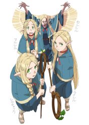  2024 5_fingers biped blonde_hair braided_hair clothed clothing delicious_in_dungeon elf eyebrows female fingers green_eyes group hair hi_res humanoid humanoid_pointy_ears jinou_rakugaki marcille_donato not_furry open_mouth 