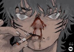  1boy @_@ blood blood_on_face cigarette close-up grey_eyes grey_hair highres holding holding_cigarette male_focus mettaflix nosebleed original solo white_nails 