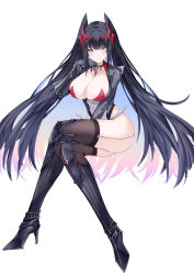  absurdres azur_lane black_choker black_footwear black_garter_straps black_gloves black_hair black_leotard black_thighhighs boots breasts choker collarbone crossed_legs female garter_straps gloves high_heels highres invisible_chair large_breasts leotard lieend long_hair long_sleeves looking_at_viewer purple_eyes simple_background sitting smile solo strasbourg_(azur_lane) thigh_boots thighhighs very_long_hair white_background 