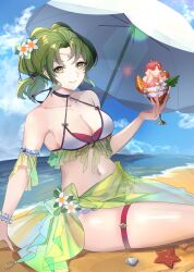  armband beach bikini bikini_skirt breasts circlet cleavage dessert female fire_emblem fire_emblem:_the_sacred_stones fire_emblem_heroes flower flower_hairpin food green_eyes green_hair green_skirt hair_flower hair_ornament hairpin highres l&#039;arachel_(fire_emblem) l&#039;arachel_(summer)_(fire_emblem) legband machi_wt medium_breasts navel official_alternate_costume parfait sand seashell see-through see-through_skirt shell skirt solo starfish swimsuit twintails umbrella water white_bikini 