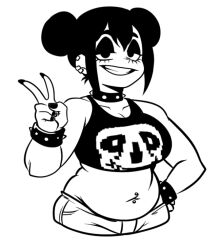  2024 5_fingers amphibian amphibian_humanoid animal_humanoid asui_tsuyu belly black_and_white black_clothing black_crop_top black_eyeshadow black_hair black_shirt black_topwear bottomwear bracelet breasts choker cleavage clothed clothed_female clothed_humanoid clothing crop_top digital_drawing_(artwork) digital_media_(artwork) ear_piercing eyeshadow female female_humanoid fingers frog_humanoid front_view gesture hair hair_bun hair_buns half-length_portrait hand_gesture hand_on_hip humanoid jewelry lidded_eyes looking_at_viewer makeup midriff monochrome my_hero_academia narrowed_eyes navel navel_piercing necklace not_furry piercing portrait quirked_human_(my_hero_academia) sans_(undertale) shirt simple_background smile snoozysoozyy solo spiked_bracelet spiked_choker spikes teeth topwear undertale_(series) unfinished v_sign white_background 