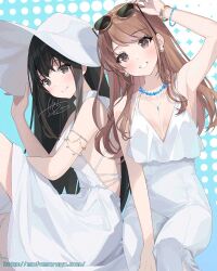  2girls adjusting_eyewear armlet armpits backless_dress backless_outfit black_hair blue_background blush bracelet breasts brown_eyes brown_hair cleavage collarbone commentary_request dress earrings eyewear_on_head facing_to_the_side facing_viewer hat jewelry kagachi_saku long_hair medium_breasts multiple_girls necklace original patterned_background signature sleeveless sleeveless_dress small_breasts smile sunglasses two-tone_background very_long_hair white_background white_dress white_hat 