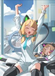  2girls animal_ear_headphones animal_ears aqua_necktie arms_up bag black_thighhighs blonde_hair blue_archive blunt_bangs blush bow cat_ear_headphones chips_(food) closed_eyes cloud collared_shirt commentary day dress_shirt english_commentary fake_animal_ears feet food green_bow green_headphones hairbow headphones indoors long_sleeves lying midori_(blue_archive) momoi_(blue_archive) multiple_girls necktie nintendo_switch no_halo on_bed on_side open_bag open_mouth pink_bow pink_headphones pjman shirt sidelocks sitting sky sleeping stretching teeth thighhighs thighs unbuttoned_sleeves upper_teeth_only waking_up white_shirt 