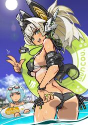  2girls ass bikini bikini_tan black_bikini blonde_hair blue_eyes blue_hair breasts dog_tags eyewear_on_head green_eyes hand_on_own_hip headgear highres innertube jacket long_hair looking_at_viewer medium_breasts megami_device multiple_girls nancou_(nankou) off_shoulder open_clothes open_jacket open_mouth outdoors ponytail short_hair side-tie_bikini_bottom sunglasses swim_ring swimsuit tan tanlines v wet 