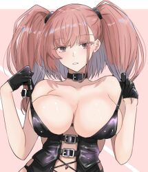  atlanta_(kancolle) black_choker black_gloves breasts brown_hair choker collarbone female gloves grey_eyes highres kantai_collection ken_(shutenndouji1) large_breasts latex navel solo two_side_up upper_body 