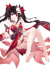  absurdres ass bare_shoulders barefoot bell black_choker black_hair black_sash blush breasts choker collarbone detached_sleeves female floating_hair fox_mask full_body hair_bell hair_ornament hair_ribbon halterneck highres honkai:_star_rail honkai_(series) invisible_chair japanese_clothes jingle_bell kimono lieend long_hair looking_at_viewer mask mask_on_head neck_bell o-ring obi obiage obijime offering_hand open_mouth pink_eyes red_kimono red_ribbon ribbon sash short_kimono sidelocks simple_background sitting small_breasts soles solo sparkle_(honkai:_star_rail) twintails very_long_hair white_background 