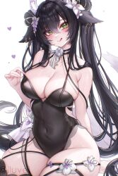  bare_shoulders black_choker black_hair black_thighhighs breasts choker female floppy_ears flower green_eyes hair_between_eyes highleg highleg_leotard highres horns indie_virtual_youtuber large_breasts leotard licking_lips long_hair looking_at_viewer nyxiena sitting solo spaghetti_strap thigh_strap thighhighs tifa_(iluvei) tongue tongue_out twintails virtual_youtuber white_flower 