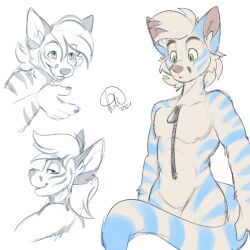  1:1 animate_inanimate anthro blue_stripes digital_media_(artwork) felid fur green_eyes hi_res kwik_(artist) living_clothing male mammal pantherine sketch_page solo stripes tiger trepaura_(character) white_body white_fur zipper 