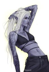  arm_tattoo baldur&#039;s_gate baldur&#039;s_gate_3 bikini bikini_top_only black_bikini black_pants blue_skin colored_skin commentary dark_elf dungeons_&amp;_dragons ear_piercing elf english_commentary female hand_in_own_hair kanaewit looking_to_the_side midriff minthara navel pants piercing pointy_ears simple_background solo standing swimsuit tattoo white_background white_hair 