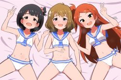  3girls ahoge armpits bed_sheet bikini black_hair blue_eyes blue_neckerchief blue_sailor_collar blunt_bangs blush breasts brown_eyes brown_hair collarbone commission cowboy_shot dot_nose eyelashes flat_chest flower groin hair_flower hair_ornament hand_on_own_stomach idolmaster idolmaster_million_live! idolmaster_million_live!_theater_days long_hair looking_at_viewer lying multiple_girls nakatani_iku navel neckerchief nejime_(nejimeinu) nose_blush ogami_tamaki on_back on_bed open_mouth orange_hair parted_bangs sailor_collar sailor_swimsuit_(idolmaster) short_hair side-tie_bikini_bottom side_ponytail sidelocks skeb_commission small_breasts spread_legs suou_momoko sweat swimsuit teeth tint_me_(idolmaster) upper_teeth_only v very_long_hair wavy_hair white_bikini yellow_eyes 