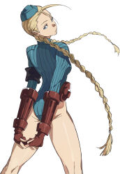  arms_behind_back bare_legs blonde_hair blue_eyes blue_leotard braid cammy_white female gauntlets hat highres interlocked_fingers leotard looking_back shioajiass simple_background solo street_fighter twin_braids white_background 