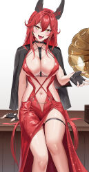  absurdres anoreika_tomoe ass_visible_through_thighs bare_shoulders black_choker black_gloves black_horns black_jacket blush breasts choker cleavage collarbone commentary desk dress earrings feet_out_of_frame female fingerless_gloves gloves goddess_of_victory:_nikke hair_between_eyes hand_up highres horns jacket jacket_on_shoulders jewelry large_breasts long_hair looking_at_viewer navel oerba_yun_fang official_alternate_costume on_desk open_mouth phonograph red_dress red_hair red_hood_(nikke) red_hood_(nonsense_red)_(nikke) sidelocks sitting skin_fang smile solo stomach thigh_strap very_long_hair yellow_eyes 