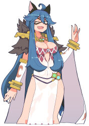  :d \||/ ahoge animal_ear_fluff animal_ears argyle_clothes argyle_dress bangle blue_eyes blue_hair bracelet breasts cat_ears cat_girl cleavage commentary_request cowboy_shot detached_sleeves dress eye_mask female fur_collar goinkyo hair_between_eyes highres jewelry large_breasts long_bangs long_hair looking_at_viewer open_mouth ragnarok_online see-through see-through_dress shibumi side_slit simple_background sleeveless sleeveless_dress smile solo sorcerer_(ragnarok_online) very_long_hair white_background white_dress white_sleeves 