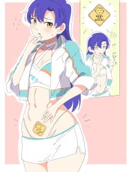  ? absurdres baby_on_board blue_hair blush brown_eyes cowboy_shot emphasis_lines female flat_chest flying_sweatdrops highleg highleg_panties highres holding idolmaster idolmaster_(classic) jacket kisaragi_chihaya kumadaibako long_hair midriff miniskirt multiple_views navel open_clothes open_jacket open_mouth panties pink_background skirt sleeves_pushed_up sports_bra sticker sticker_on_stomach sweat sweatdrop underwear 