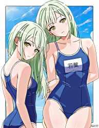  arm_behind_back bang_dream! bang_dream!_it&#039;s_mygo!!!!! blue_one-piece_swimsuit blush border breasts closed_mouth cloud collarbone commentary english_commentary female green_hair hair_ornament hairclip highres holding_own_arm izami_md long_hair looking_at_viewer multiple_views one-piece_swimsuit outside_border school_swimsuit sky small_breasts swimsuit translated twitter_username wakaba_mutsumi white_border yellow_eyes 