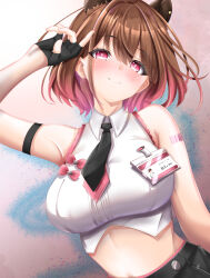  absurdres akai_watame arm_tattoo barcode barcode_tattoo black_gloves black_necktie black_skirt blush breasts brown_hair closed_mouth commentary_request crop_top female fingerless_gloves gloves gradient_hair hair_between_eyes highres id_card large_breasts looking_at_viewer midriff multicolored_hair nanashi_inc. necktie pink_background pink_eyes pink_hair shirt short_hair skirt sleeveless sleeveless_shirt smile solo tattoo upper_body virtual_youtuber white_shirt yunohara_izumi 