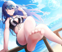  barefoot beach bikini black_bikini black_hair blue_hair blue_shorts breasts cleavage cloud eyewear_on_head female gradient_hair highres ichinose_uruha long_hair multicolored_hair nmek4544 ocean on_railing one_eye_closed purple_eyes railing shorts sky smile solo star_(sky) streaked_hair striped_bikini striped_clothes sunglasses swimsuit two-tone_bikini virtual_youtuber vspo! white_hair 