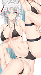  absurdres animal_ear_fluff animal_ears aqua_eyes armpits ass bikini black_bikini breasts commentary earrings feixiao_(honkai:_star_rail) female fox_ears fox_girl highres honkai:_star_rail honkai_(series) jewelry large_breasts long_hair looking_at_viewer multiple_views navel necklace noise_paper parted_bangs parted_lips simple_background smile standing standing_on_one_leg stomach swimsuit thigh_strap thighs underboob white_background 