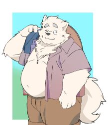  2024 anthro belly big_belly bottomwear canid canine canis clothed clothing domestic_dog hi_res inunoshippo kemono male mammal one_eye_closed open_clothing open_shirt open_topwear overweight overweight_male shirt shorts simple_background solo topwear 