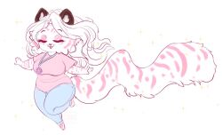  2019 anthro blue_bottomwear blue_clothing blue_pants bottomwear closed_eyes clothed clothing dated eyelashes facial_spots felid female fur hair long_hair mammal markings marzipan_(spottedtigress) pants pink_clothing pink_shirt pink_spots pink_stripes pink_t-shirt pink_topwear shirt signature simple_background solo sparkles spots spotted_arms spotted_face spotted_markings spotted_tail striped_arms striped_markings striped_tail stripes t-shirt tail tail_markings tiggybloom topwear white_background white_body white_fur white_hair white_tail 