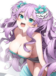  breasts cleavage collarbone female green_eyes hair_ornament large_breasts light_blush long_hair looking_at_viewer nyanko_daisensou pearl_hair_ornament pepushi_drow purple_hair ruri_(nyanko_daisensou) seashell shell simple_background smile solo twintails white_background 