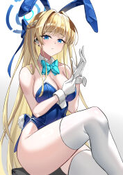  absurdres animal_ears bare_arms bare_shoulders blonde_hair blue_archive blue_eyes blue_leotard bow bowtie braid breasts cleavage closed_mouth dai_mao_xuan_yi detached_collar earpiece earrings expressionless fake_animal_ears fake_tail female gloves hair_intakes hairbow halo hand_up highleg highleg_leotard highres jewelry knee_up large_breasts leotard long_hair looking_at_viewer multicolored_hair official_alternate_costume playboy_bunny rabbit_ears rabbit_tail simple_background sitting solo strapless strapless_leotard streaked_hair stud_earrings tail thighhighs thighs toki_(blue_archive) toki_(bunny)_(blue_archive) very_long_hair white_background white_gloves white_thighhighs wrist_cuffs 