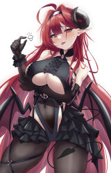  absurdres arm_under_breasts azur_lane bare_shoulders black_hairband black_horns black_skirt bouhuuu breasts brown_gloves brown_pantyhose center_frills clothing_cutout commentary_request covered_navel cowboy_shot cross-laced_clothes cross-laced_top curled_horns demon_girl demon_horns demon_tail demon_wings elbow_gloves female frills gloves hair_intakes hairband heart_cutout highres hindenburg_(azur_lane) horns large_breasts layered_skirt long_hair looking_at_viewer miniskirt o-ring o-ring_thigh_strap pantyhose pointy_ears red_eyes red_hair simple_background skirt sleeveless slit_pupils solo tail thigh_strap tongue tongue_out underboob very_long_hair white_background wings 