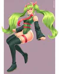  black_sleeves black_thighhighs boots border chubycho collared_leotard detached_sleeves draw_this_in_your_style_challenge female food food-themed_clothes food-themed_hair_ornament food_print fruit full_body green_hair green_leotard grey_background hair_ornament hatsune_miku highleg highleg_leotard highres invisible_chair leotard long_hair print_leotard red_eyes simple_background sitting smile solo thigh_boots thighhighs twintails twitter_username very_long_hair vocaloid watermelon watermelon_hair_ornament watermelon_miku_(kaatokun) watermelon_print watermelon_slice white_border 