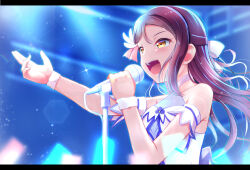  birthday collarbone commentary female half_updo holding holding_microphone kurose_yuuki long_hair love_live! love_live!_sunshine!! microphone microphone_stand music red_hair sakurauchi_riko singing solo upper_body wristband yellow_eyes 